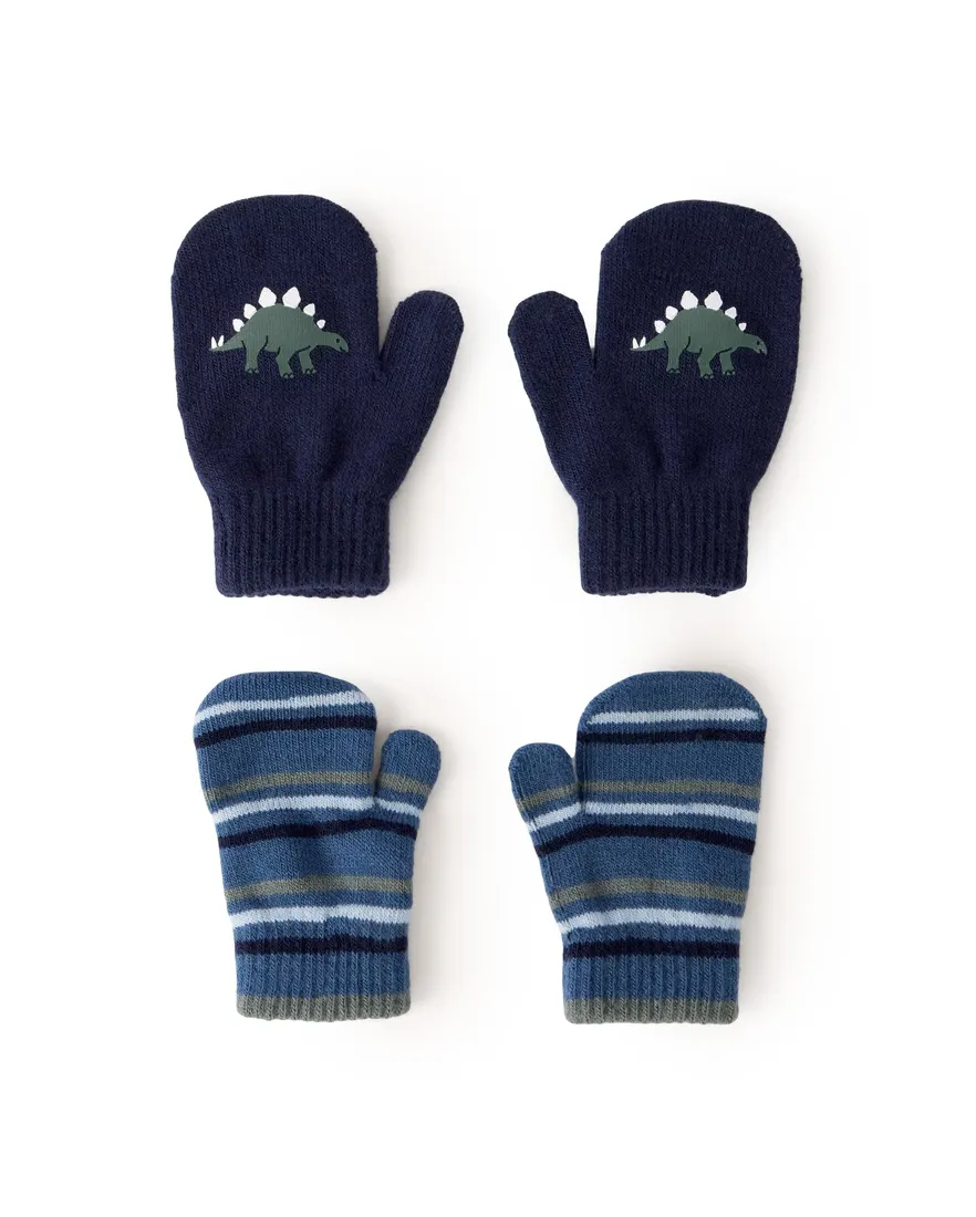 Kit luva infantil 2 pares tricot listras e dino - multicor
