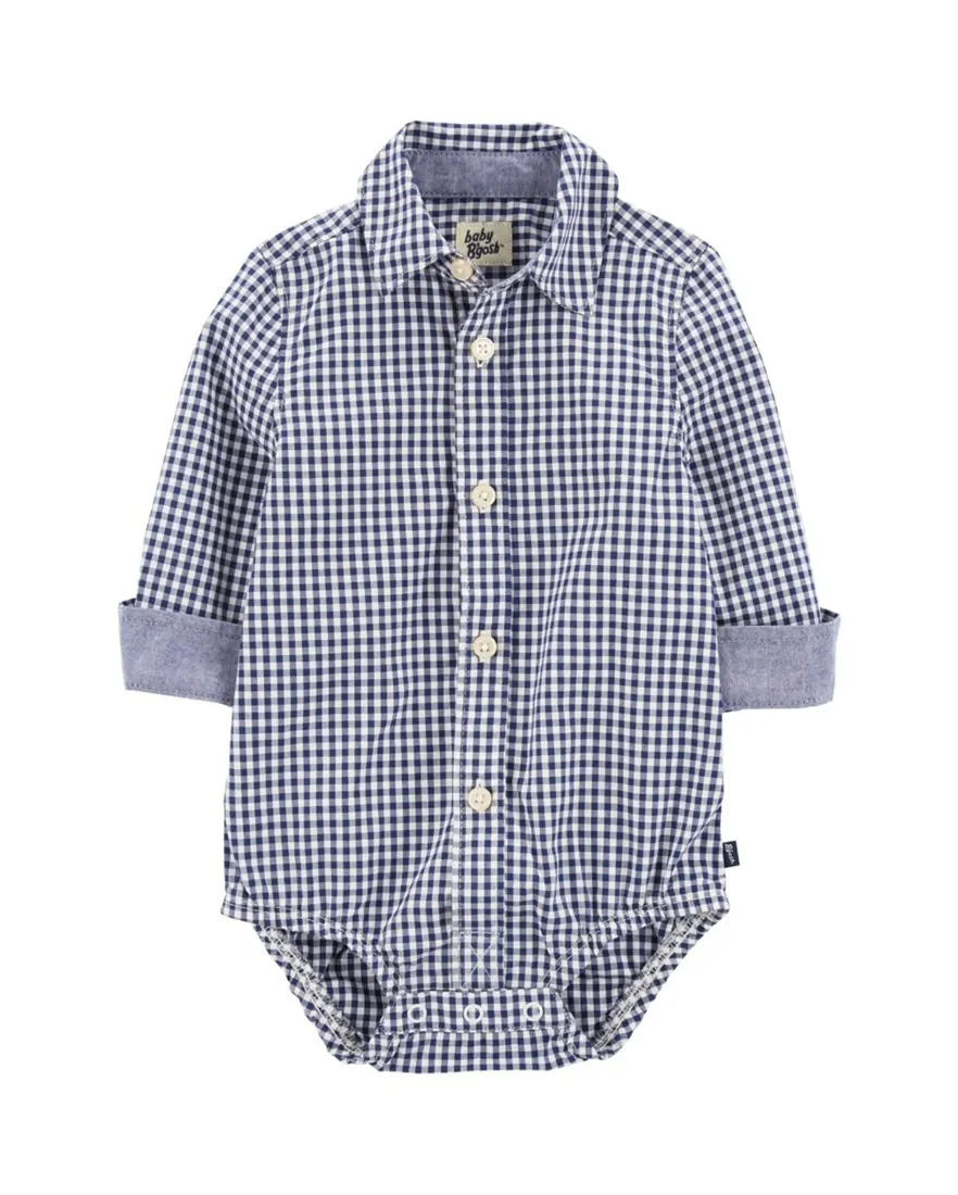 Body camisa bebê xadrez manga longa azul