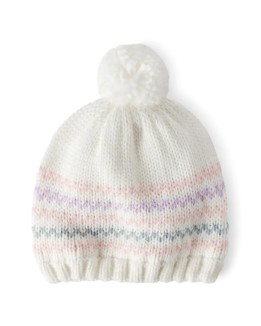 Touca infantil em tricot com pompom - off-white