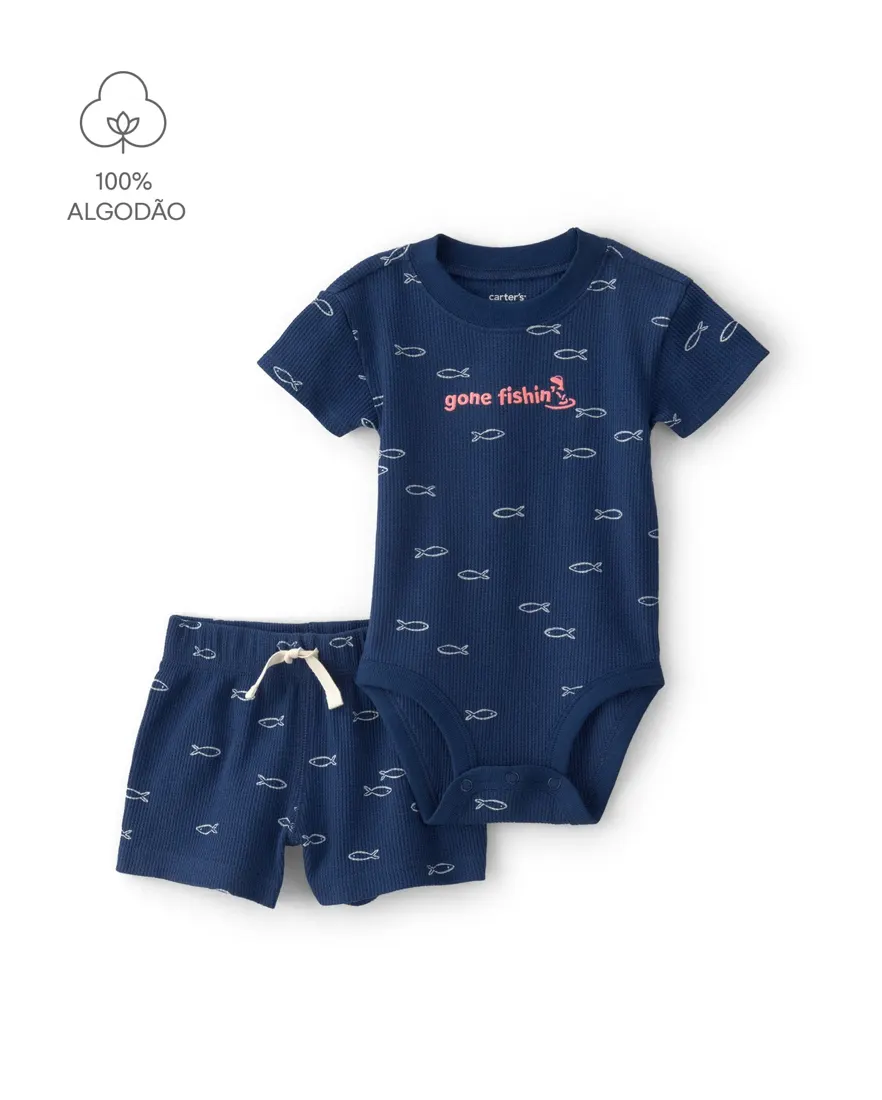 Conjunto curto bebê 2 peças peixinhos - azul