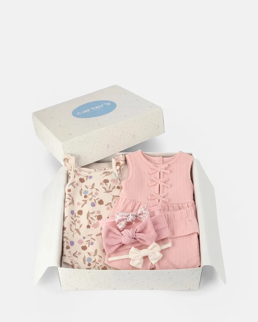 Conjunto com faixa de cabelo bebê menina + caixa de presente 6 peças
