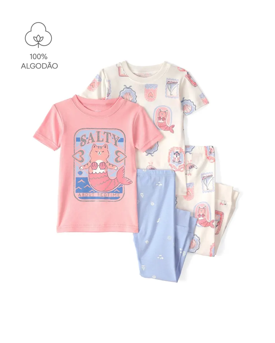 Pijama longo infantil 4 peças gatinha sereia - Multicor