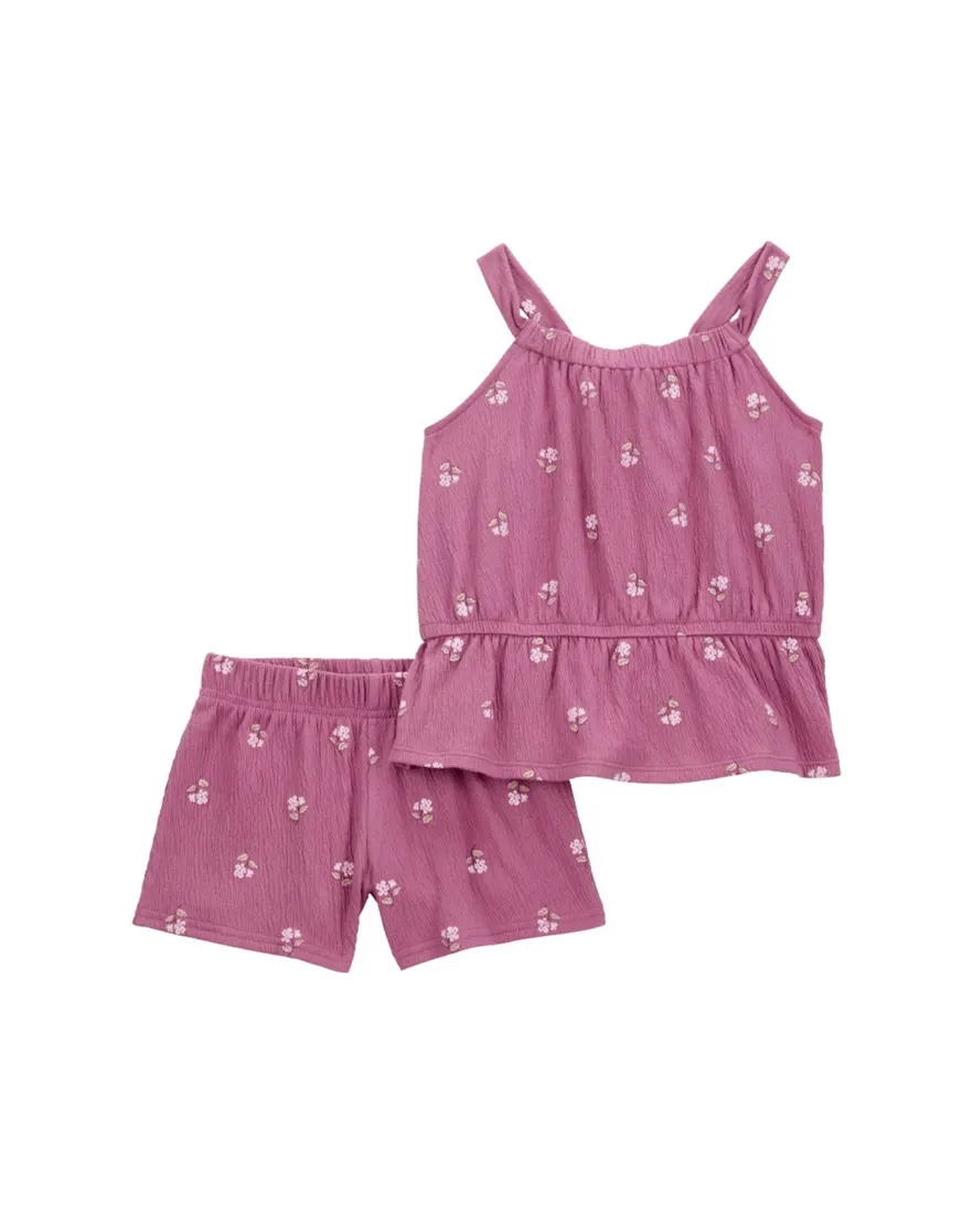 Conjunto curto infantil 2 peças texturizada floral rosa