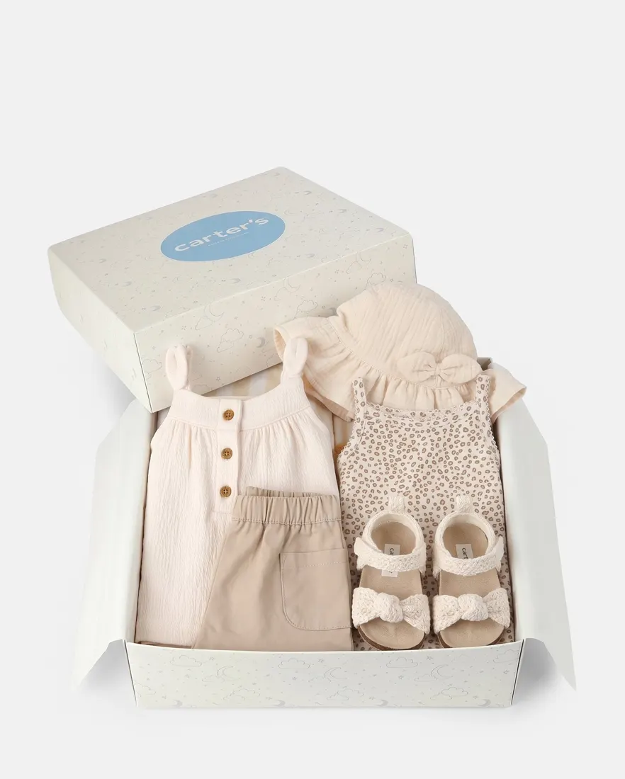 Conjunto bebê menina onça + caixa de presente M 5 peças