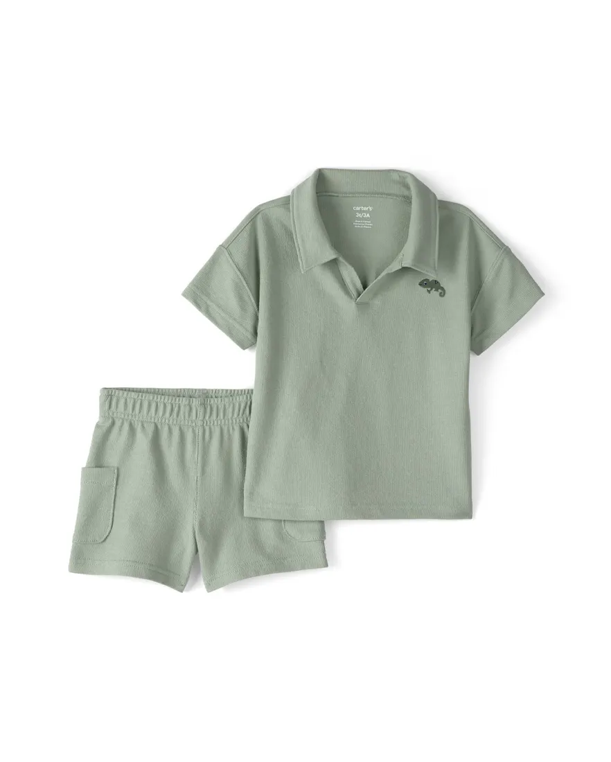 Conjunto curto infantil 2 peças texturizado e bordado - Verde
