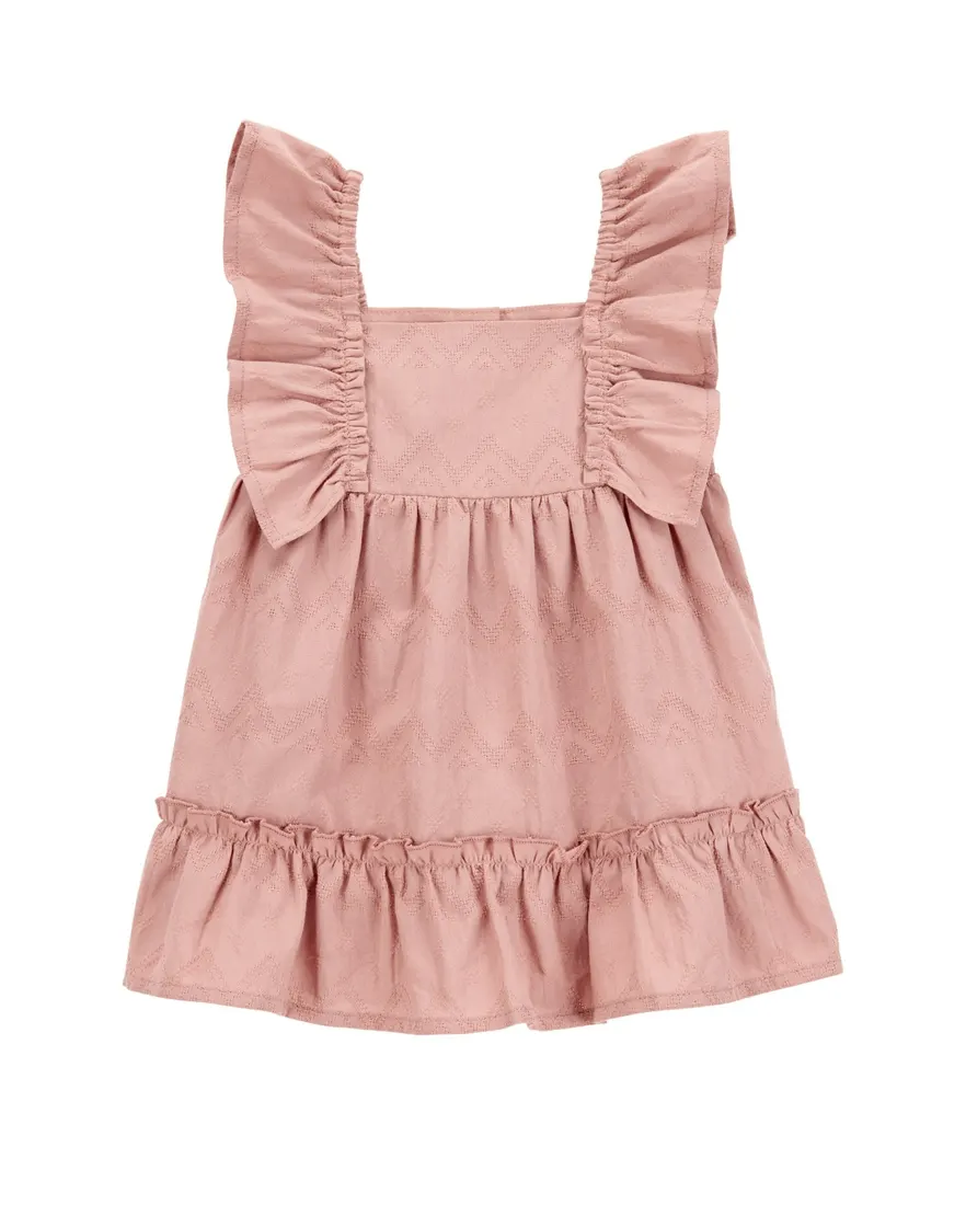 Vestido bebê evasê com babados e calcinha rosa