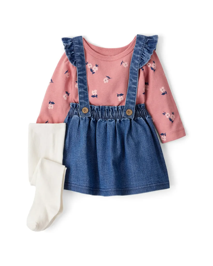 Salopete jeans bebê com blusa e meia calça - multicor