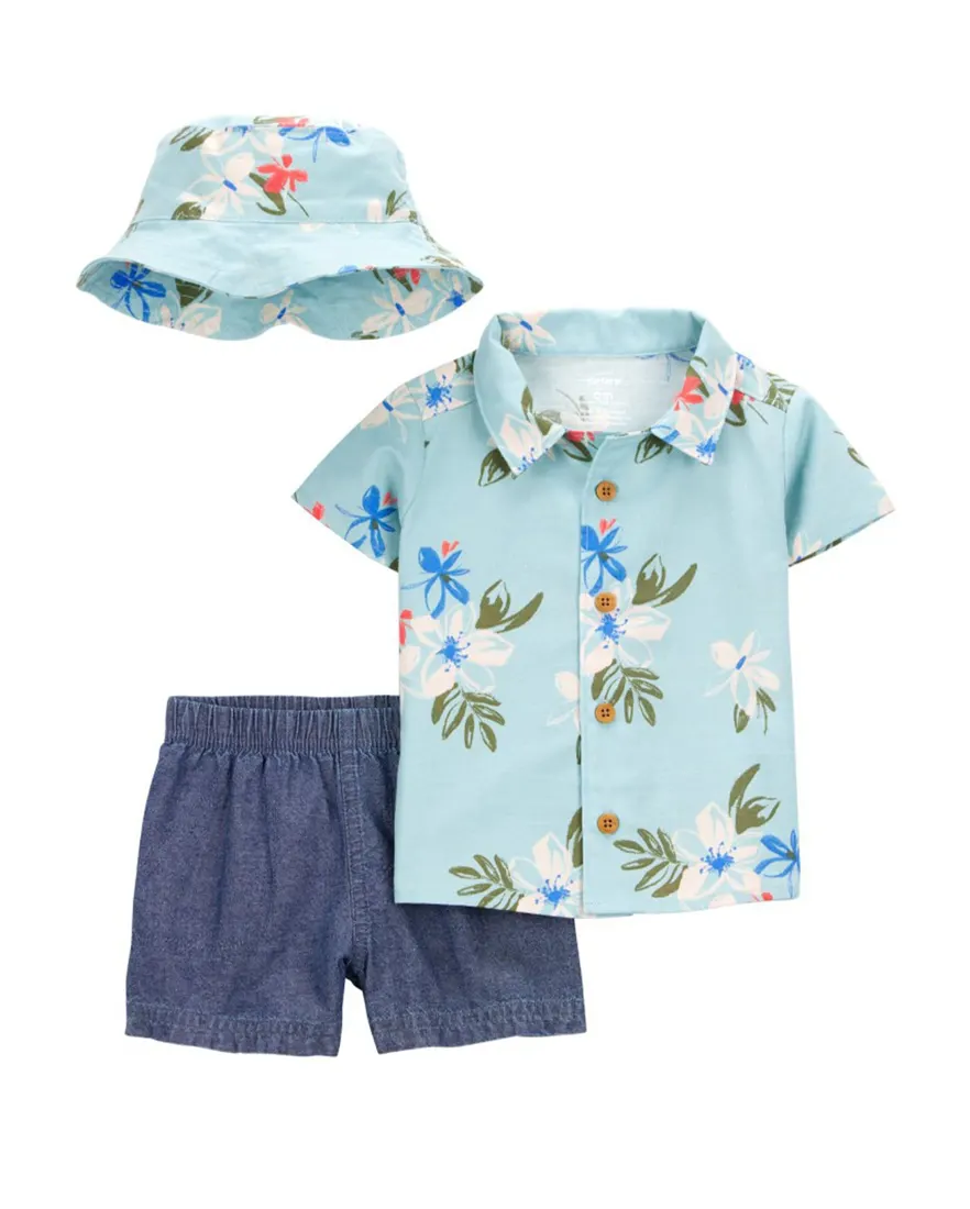 Conjunto curto bebê 3 peças floral jeans com bucket hat multicor