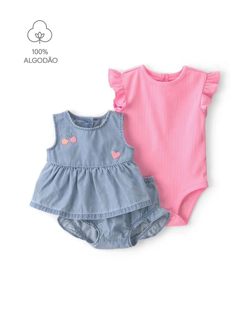 Conjunto curto bebê 3 peças com babados - Multicor