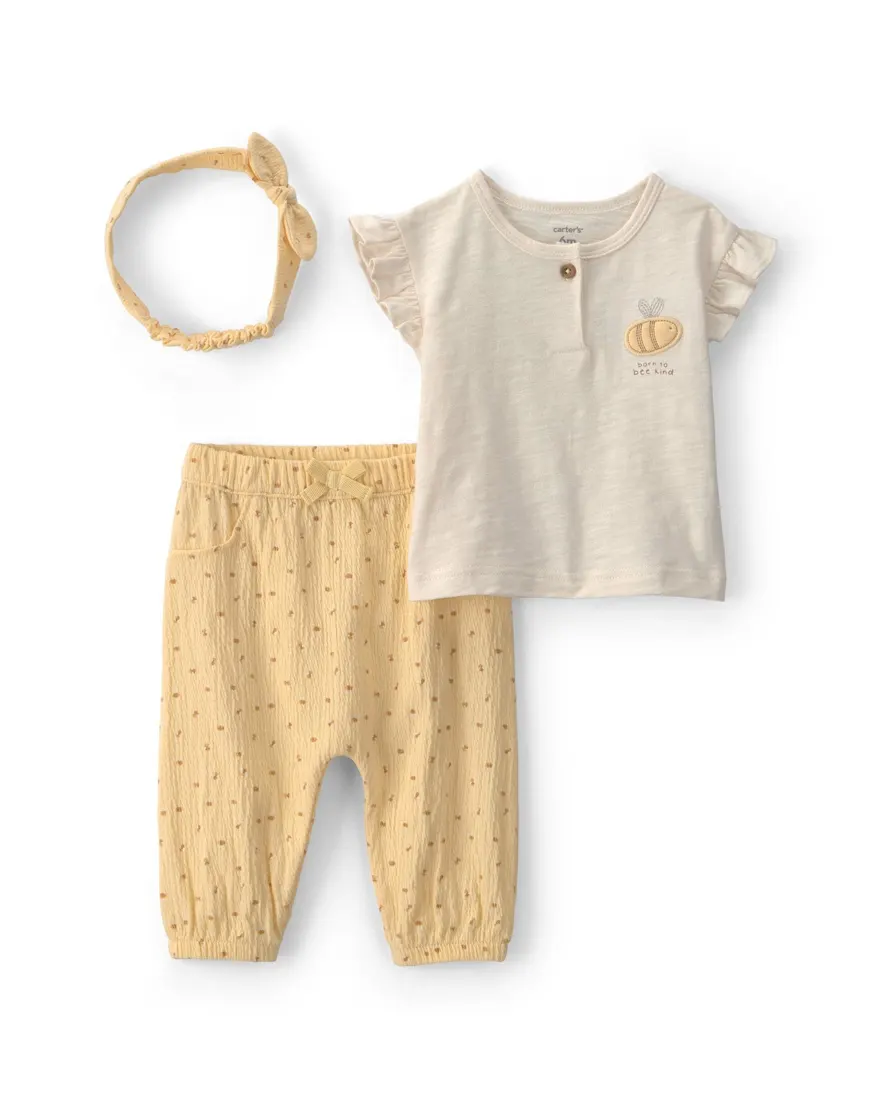 Outra vista de Conjunto com faixa de cabelo bebê menina floral abelha 4 peças - Multicor