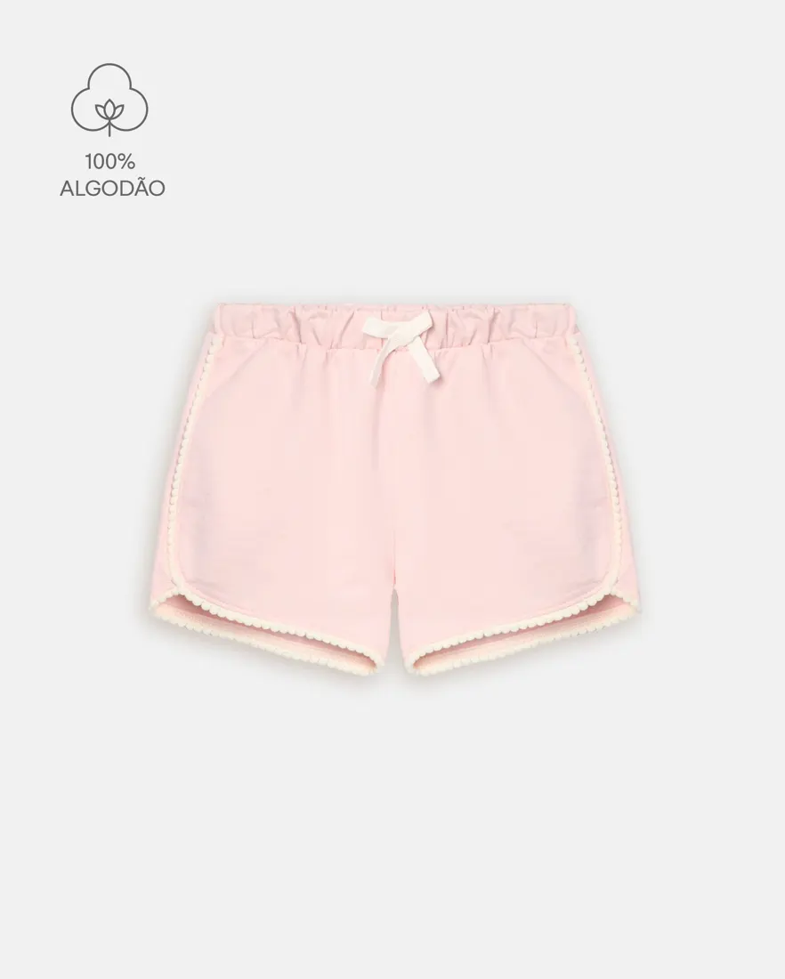 Short infantil menina em algodão com pompons - Rosa Claro