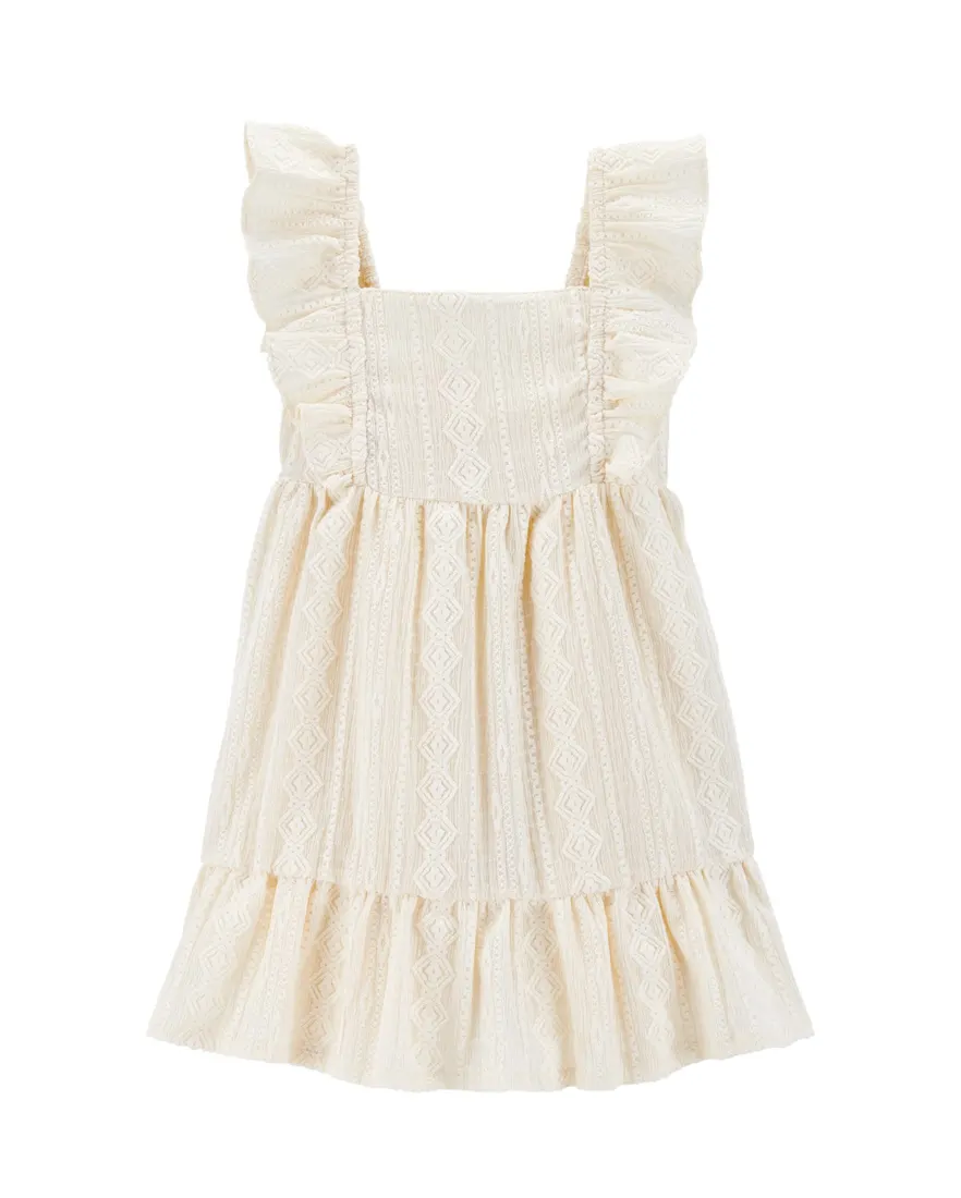 Vestido infantil evasê com babados e textura off-white