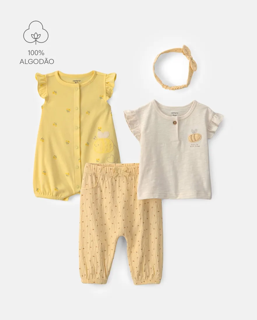 Conjunto com faixa de cabelo bebê menina floral abelha 4 peças - Multicor