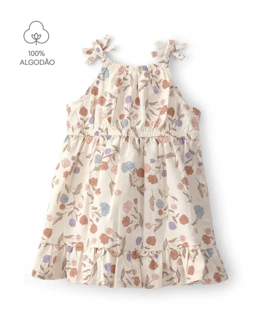 Vestido bebê evasê estampa floral com babados - Bege