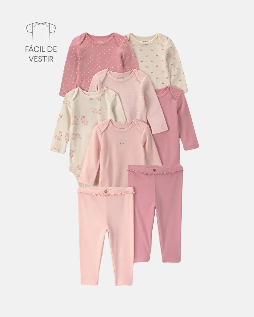 Conjunto bebê menina em algodão estampado 8 peças - Multicor