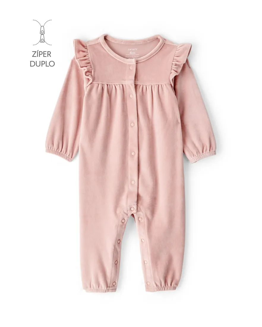 Macacão bebê em plush com babados - rosa