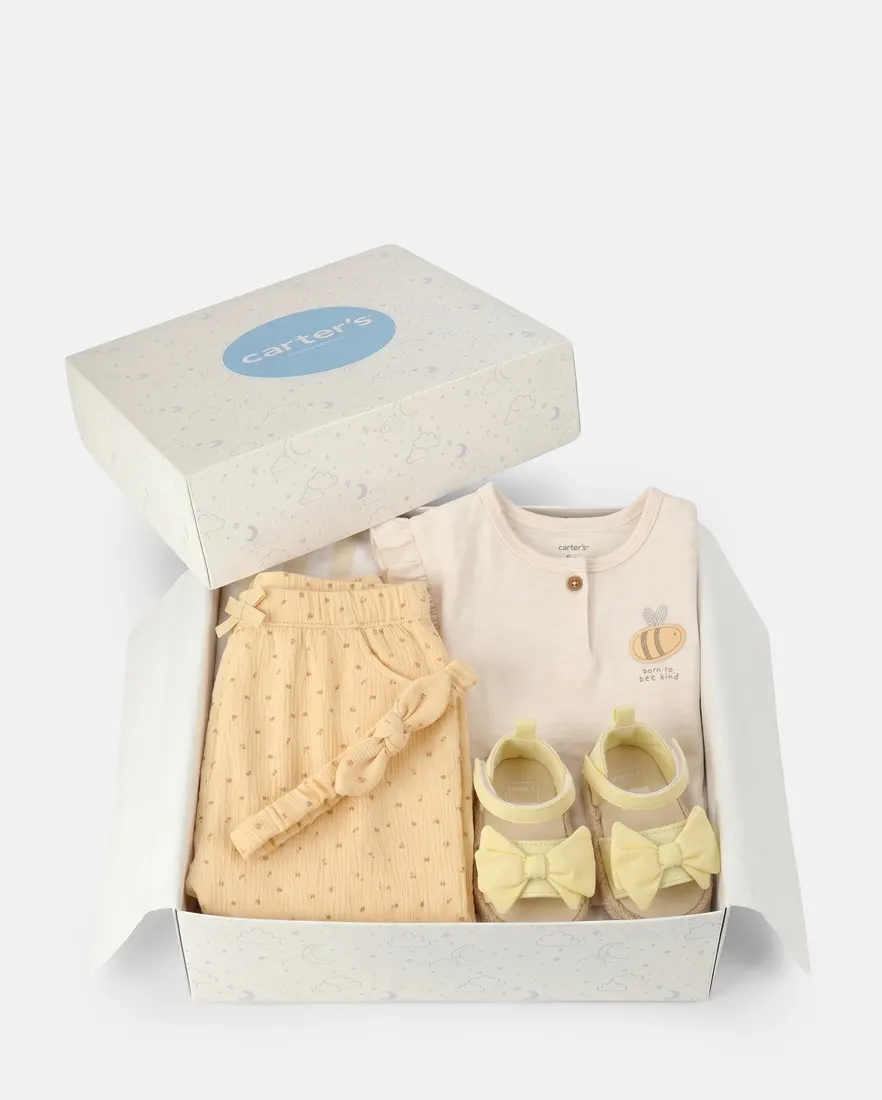Conjunto com sandália e faixa de cabelo bebê menina + caixa de presente M 4 peças
