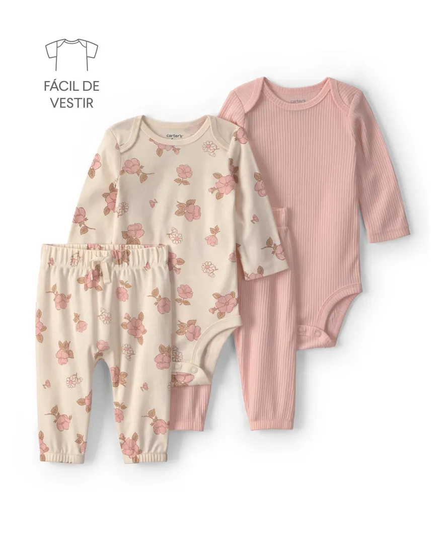 Conjunto longo bebê 4 peças canelado e floral - Multicor