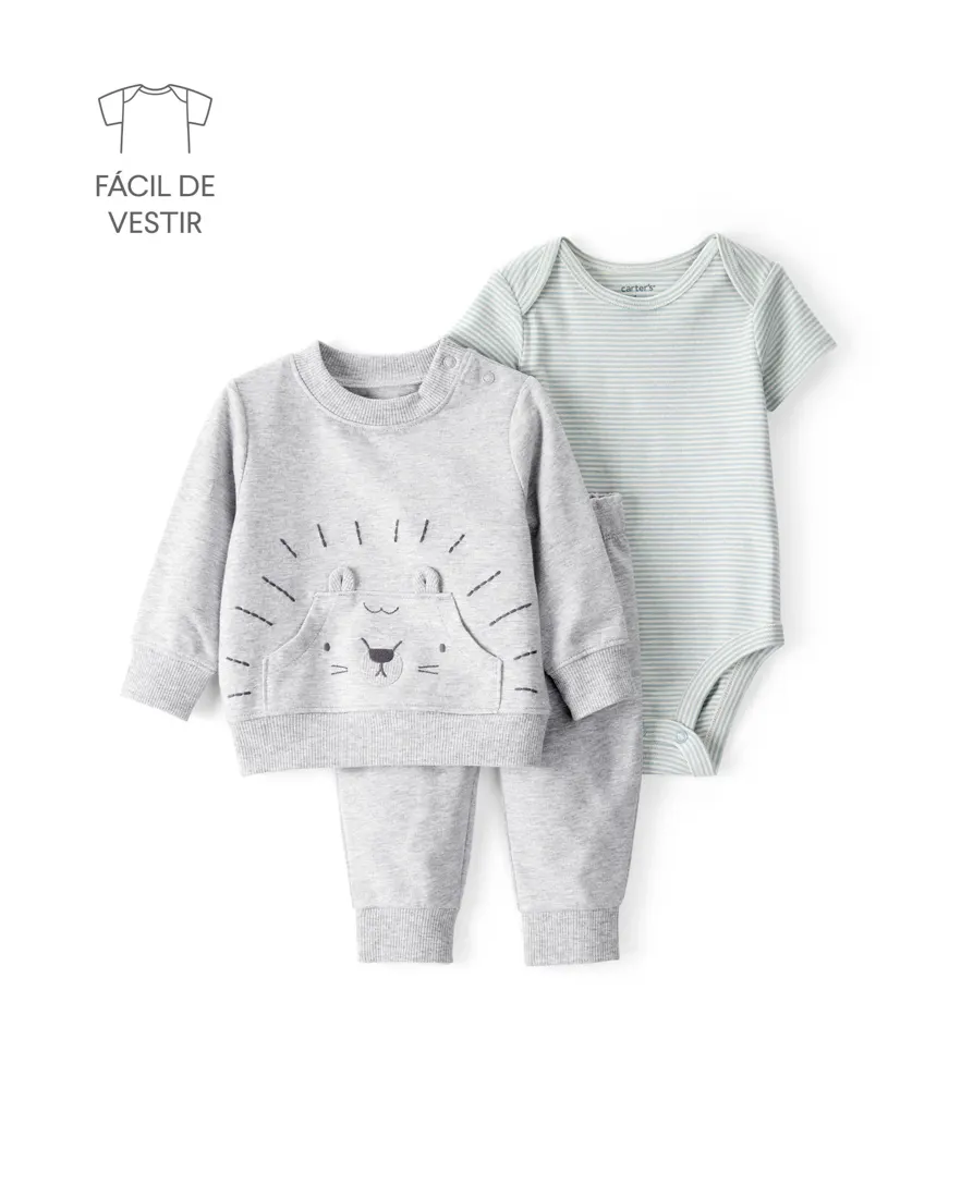 Conjunto longo bebê 3 peças bichinho mescla - multicor