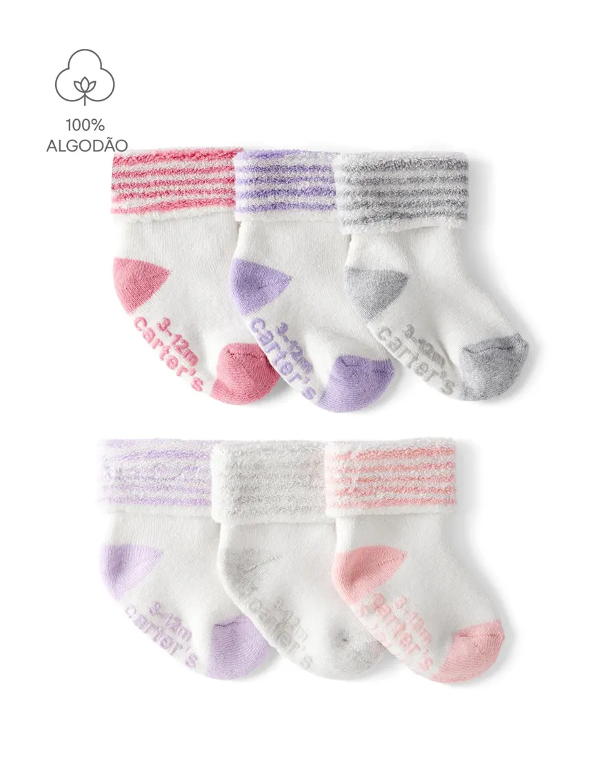Kit meia bebê 6 pares fleece com listras multicor