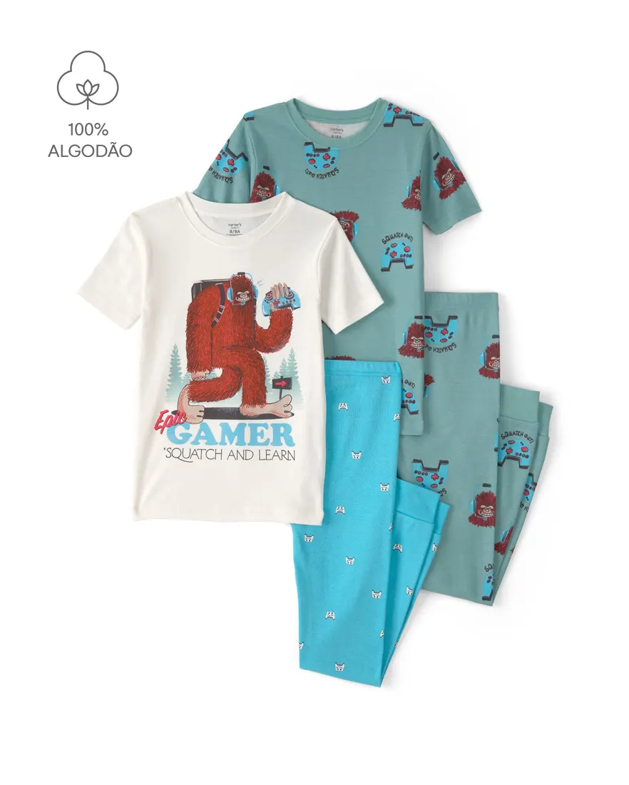 Pijama longo infantil 4 peças estampado - Multicor