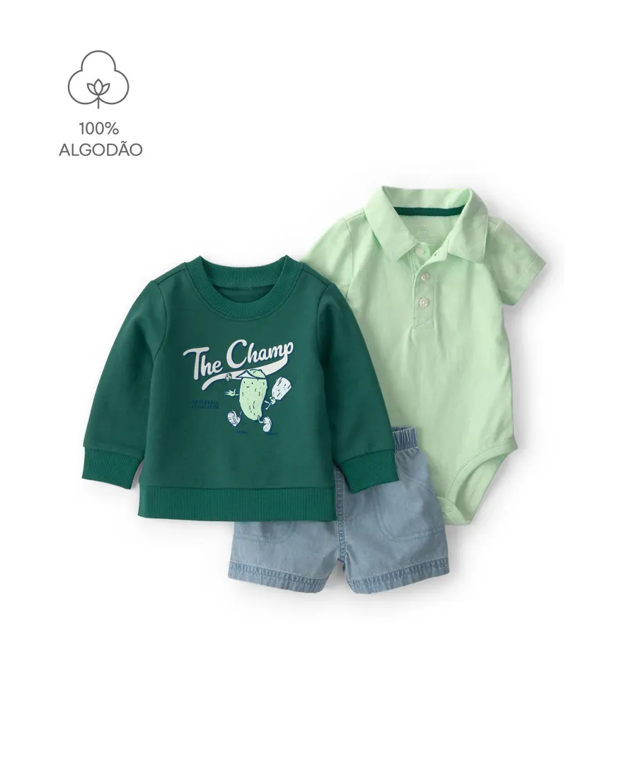 Conjunto curto bebê 3 peças estampado - Multicor