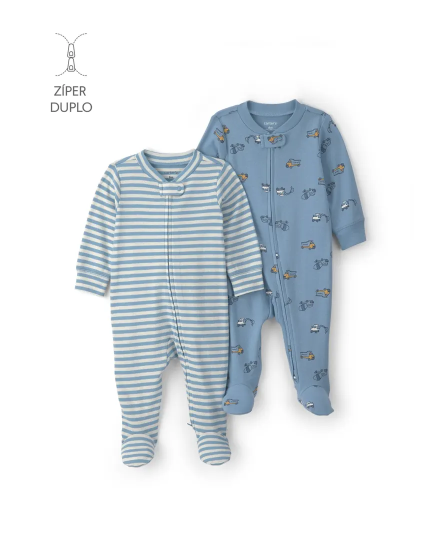 Kit macacão bebê 2 peças com pé estampado - Azul