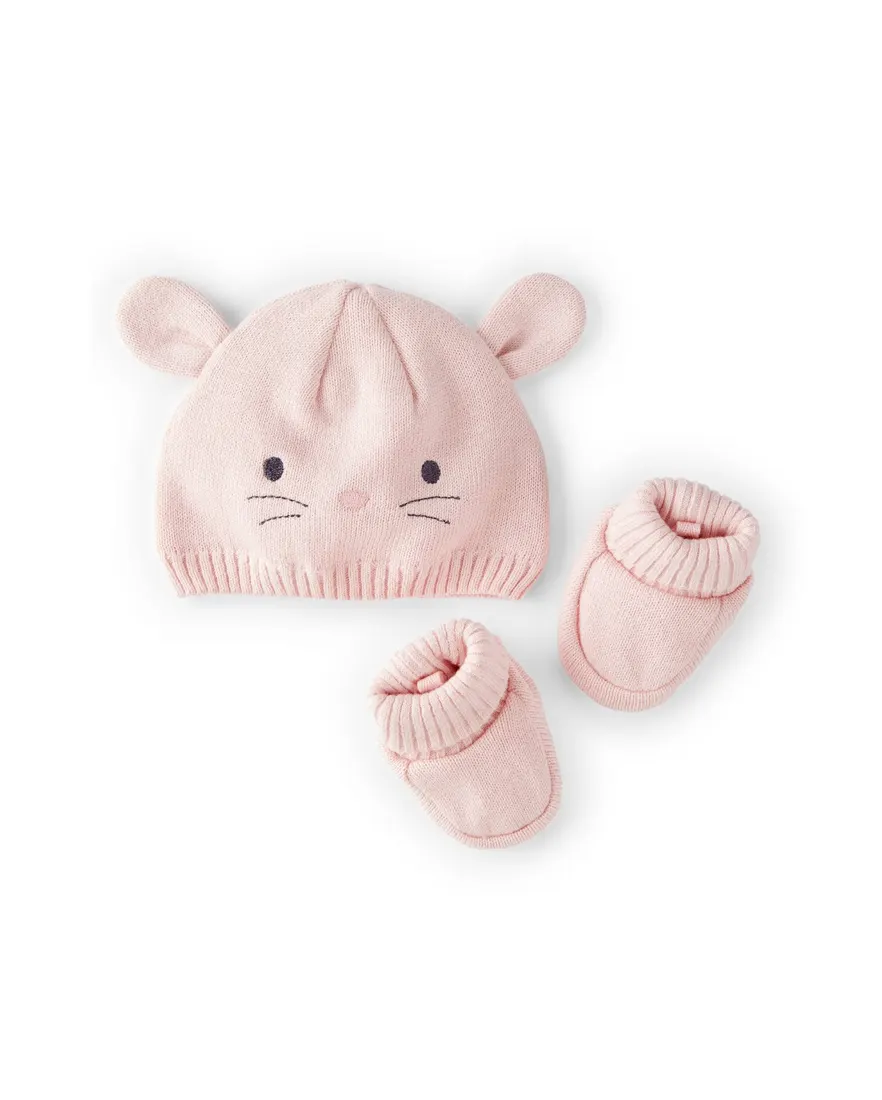 Kit touca bebê com pantufa ratinho - rosa