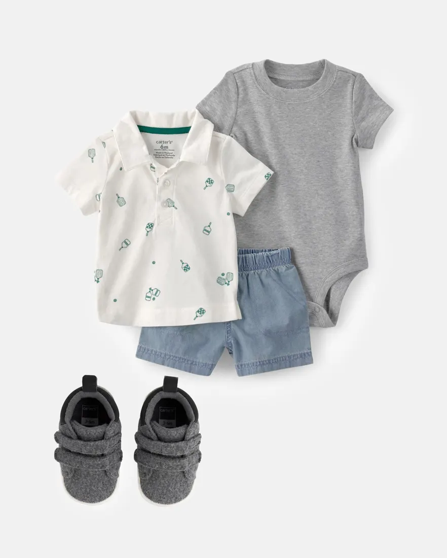 Outra vista de Conjunto com tênis bebê menino + caixa de presente P 4 peças - Multicor