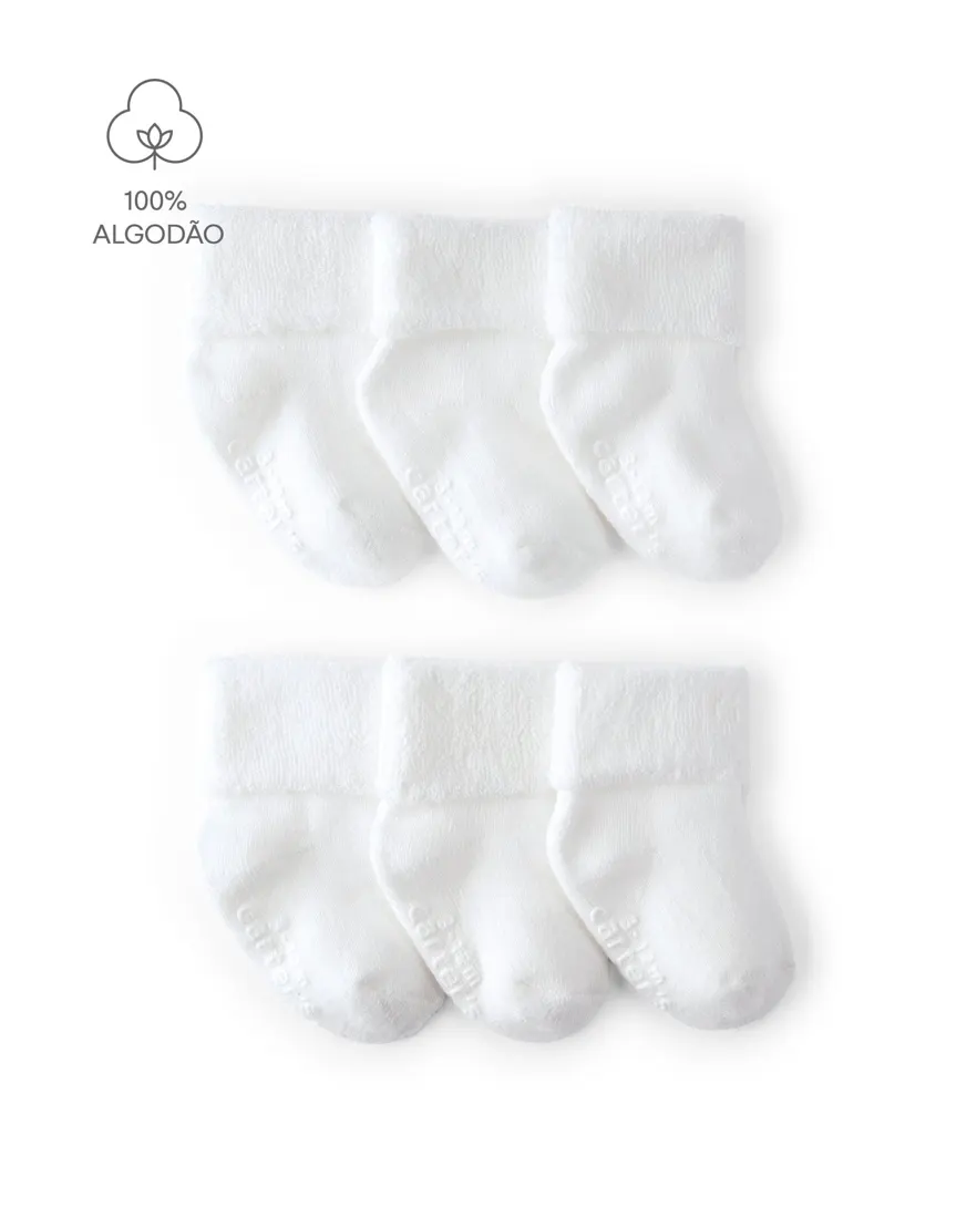 Kit meia bebê 6 pares com cano médio dobrado - branco