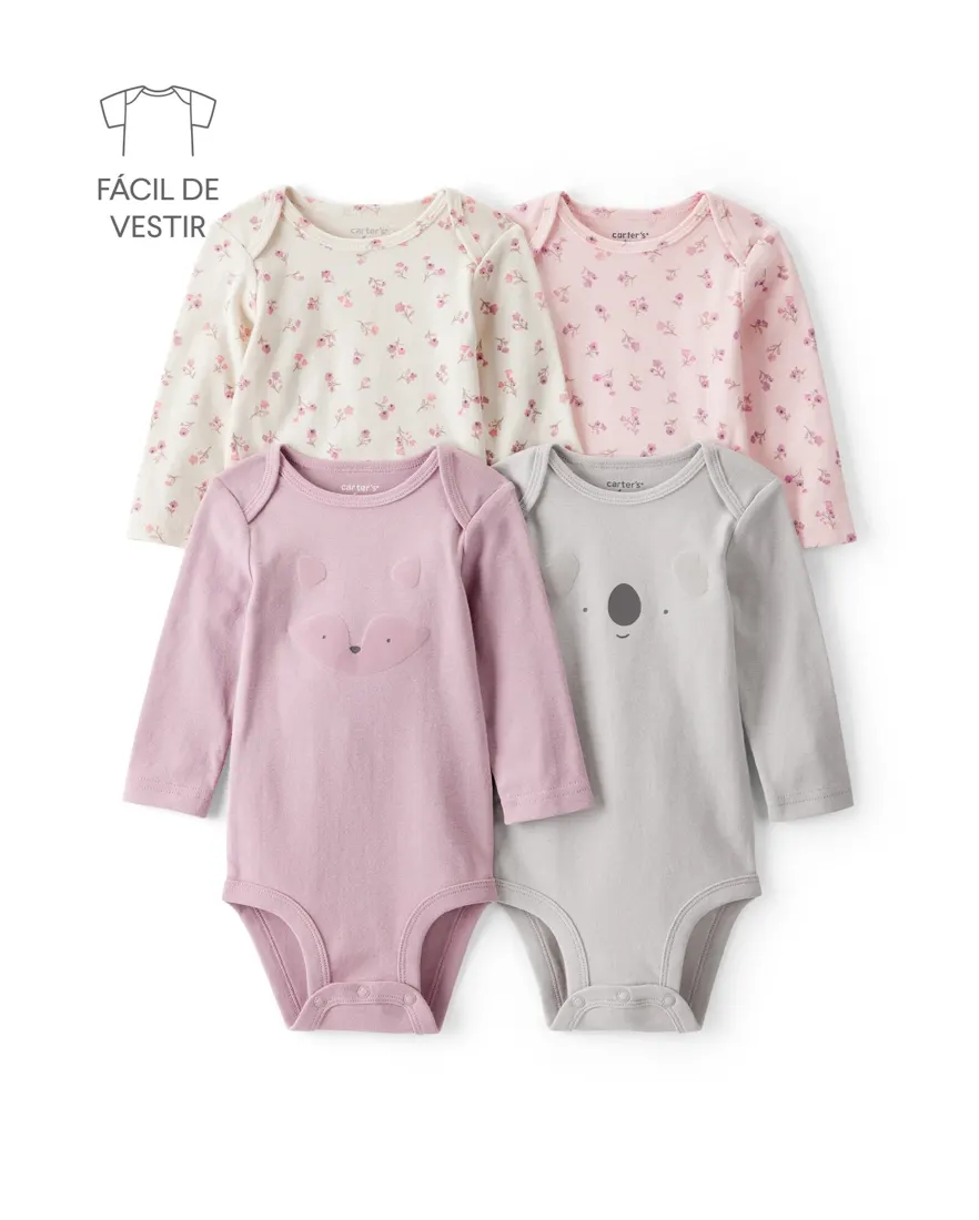 Kit body bebê 4 peças bichinhos floral - multicor