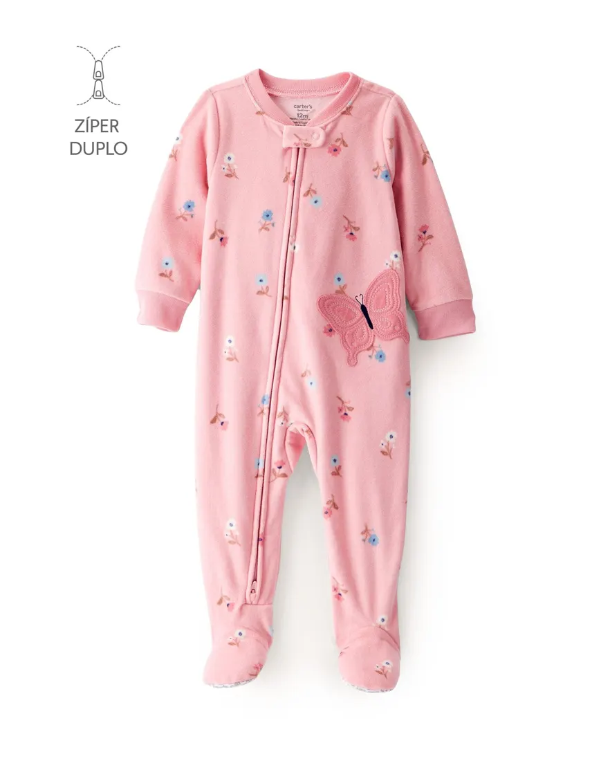 Macacão pijama infantil em fleece borboleta - rosa