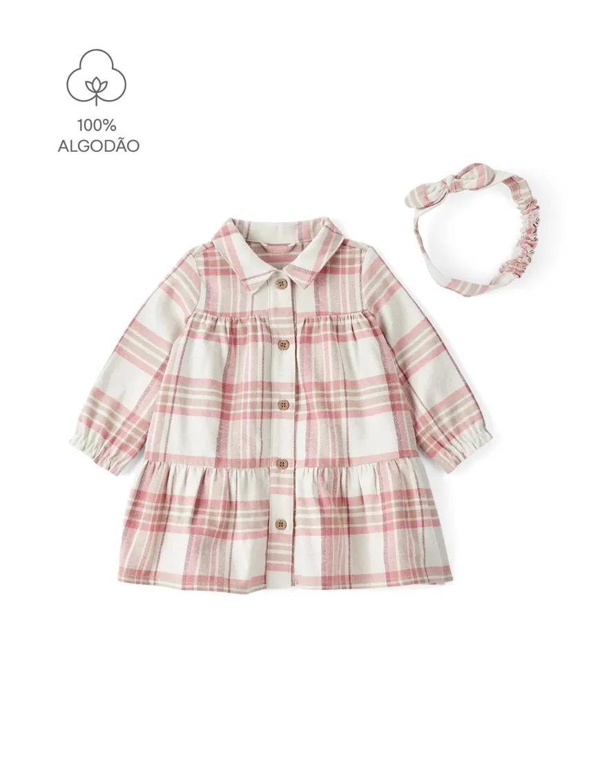 Vestido bebê xadrez com calcinha e faixa de cabelo - bege