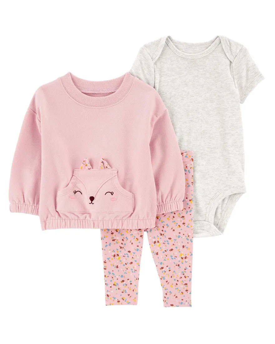 Conjunto longo bebê 3 peças esquilo rosa