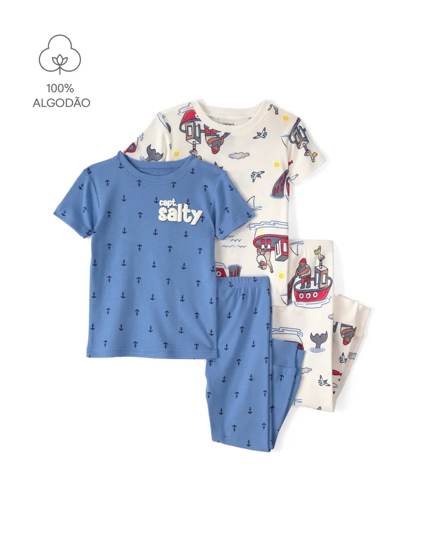 Pijama longo infantil 4 peças estampado - Multicor