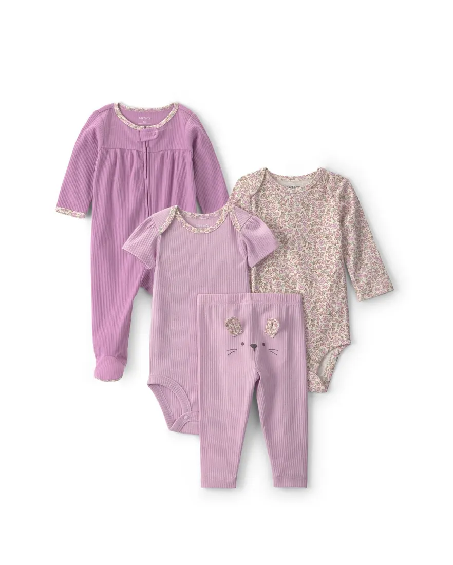 Kit conjunto longo bebê 3 peças + macacão canelado floral - Multicor
