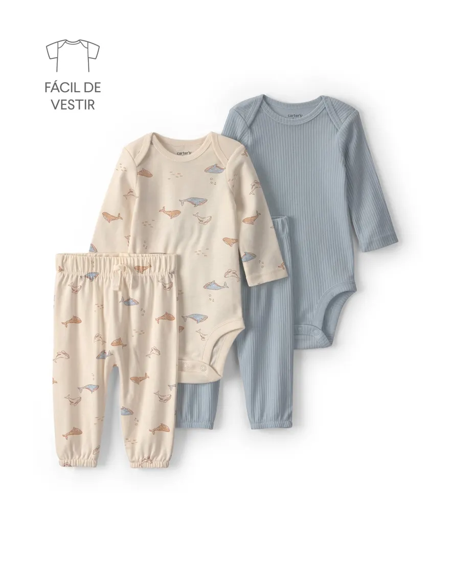 Conjunto longo bebê 4 peças estampado - Multicor