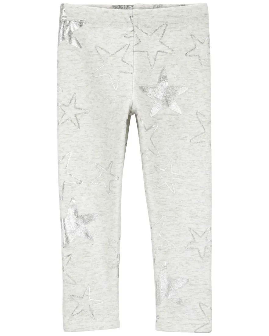 Calça legging infantil peluciada estrelas brilhosas cinza