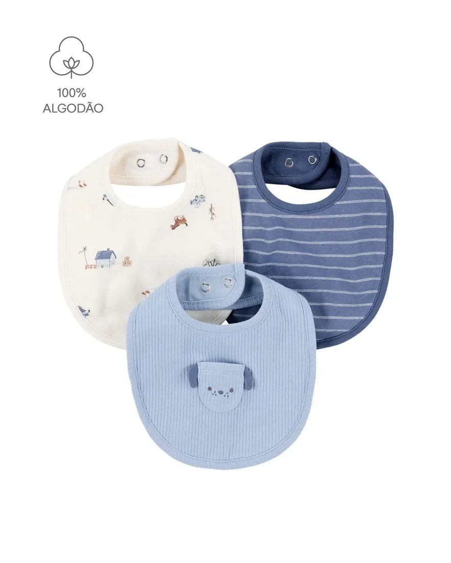 Kit babador bebê menino em algodão 3 peças - Multicor