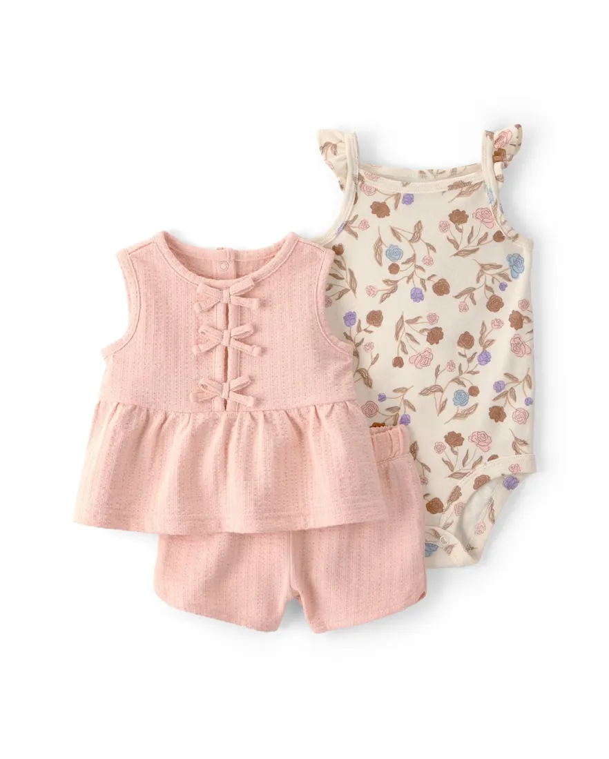 Conjunto curto bebê 3 peças texturizado e floral - Multicor