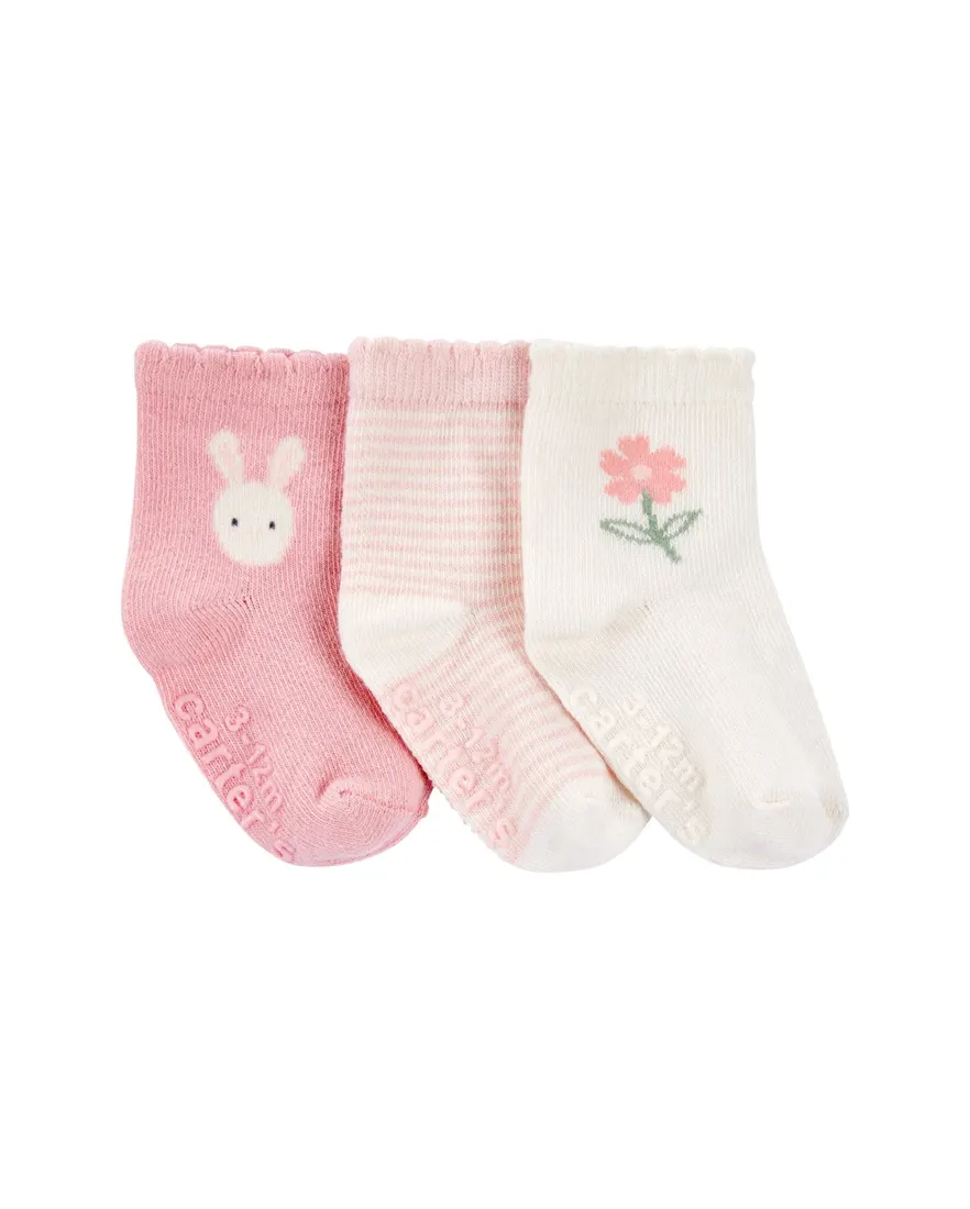 Kit meia bebê 3 pares coelhinho e flor multicor