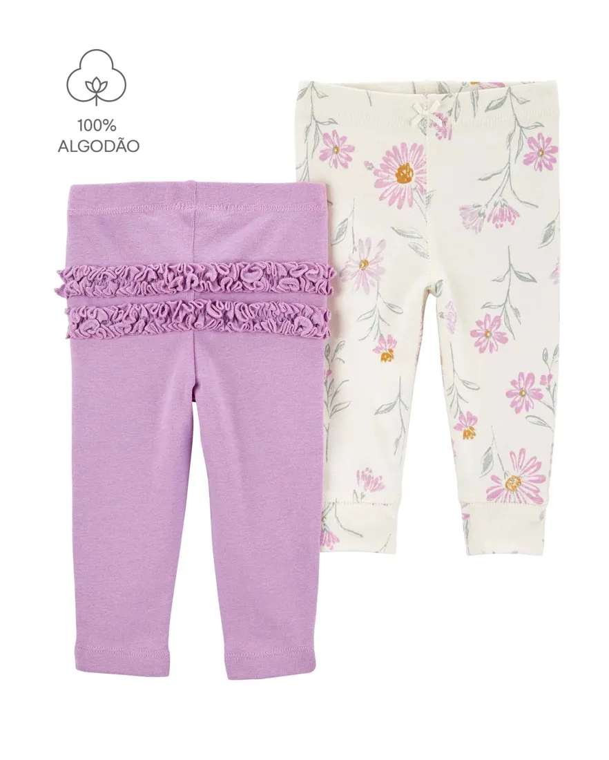 Kit calça bebê 2 peças floral babados multicor
