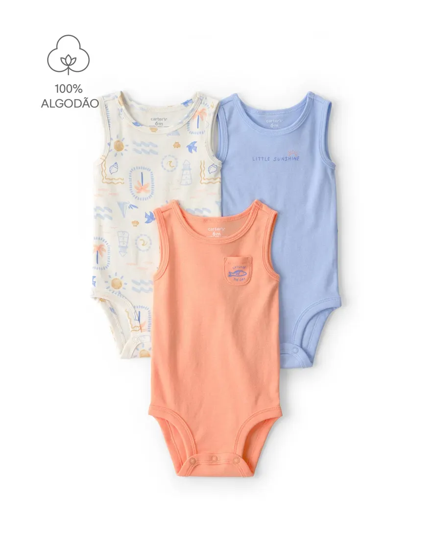 Kit body bebê 3 peças regata praia - multicor