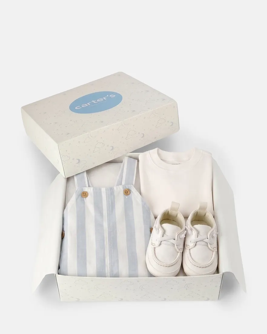 Kit jardineira com camiseta e mocassim bebê menino listrada + caixa de presente M 3 peças