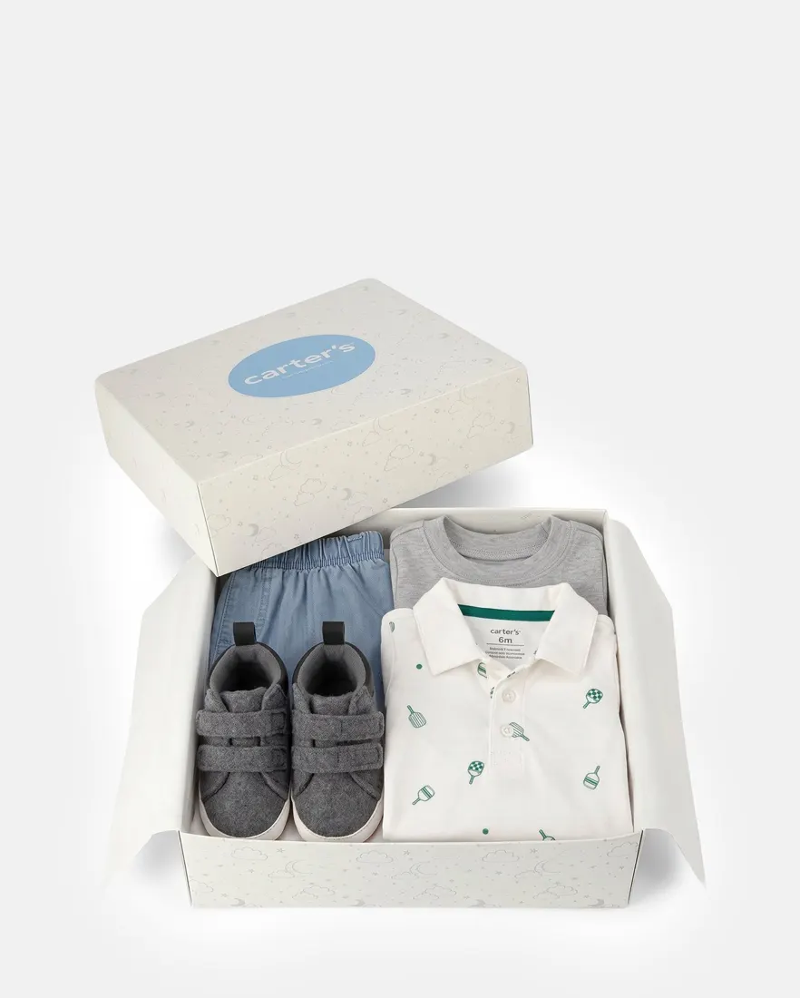 Conjunto com tênis bebê menino + caixa de presente P 4 peças - Multicor