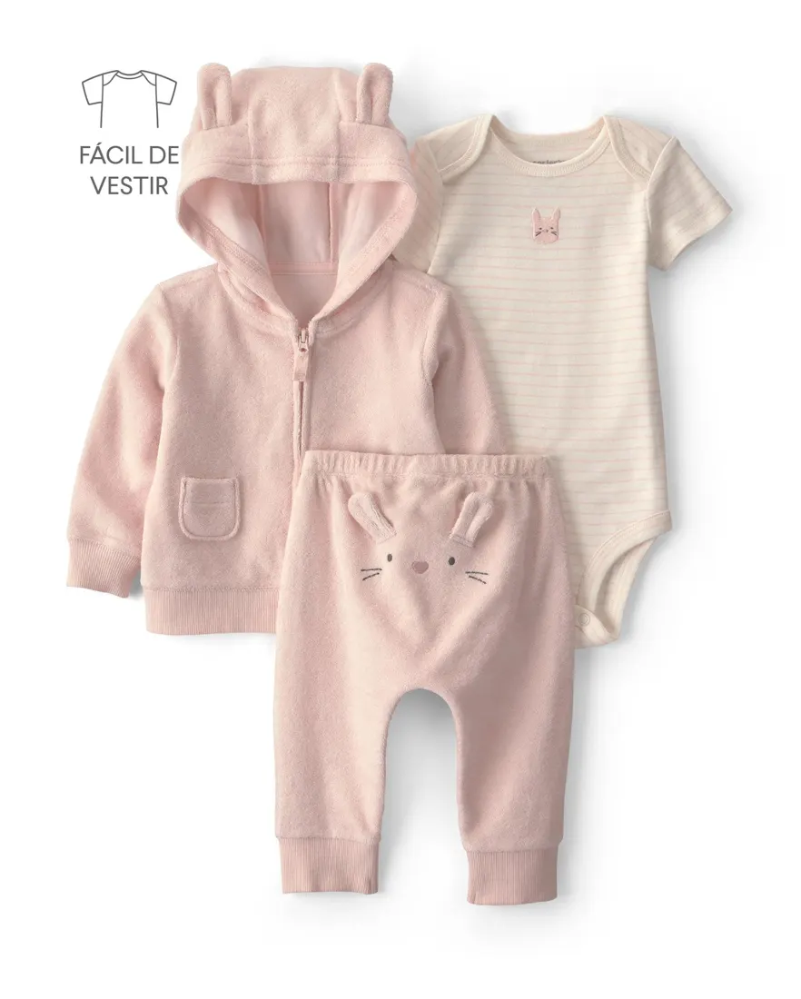 Conjunto longo bebê 3 peças em plush estampado - Multicor
