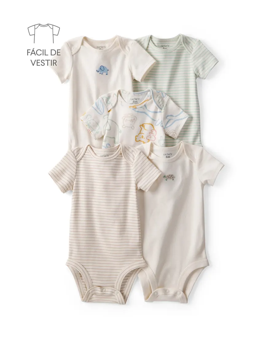 Kit body bebê 5 peças listras e animais - multicor