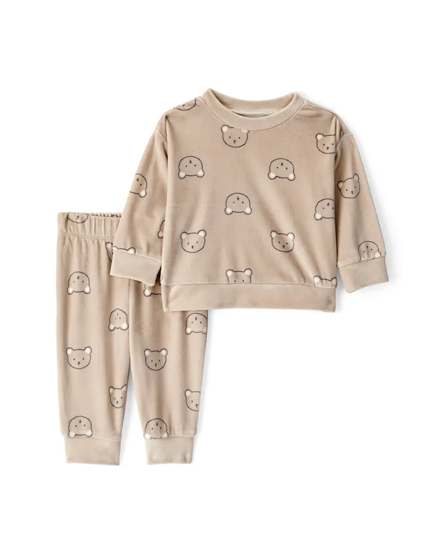 Conjunto longo bebê 2 peças em plush urso - bege