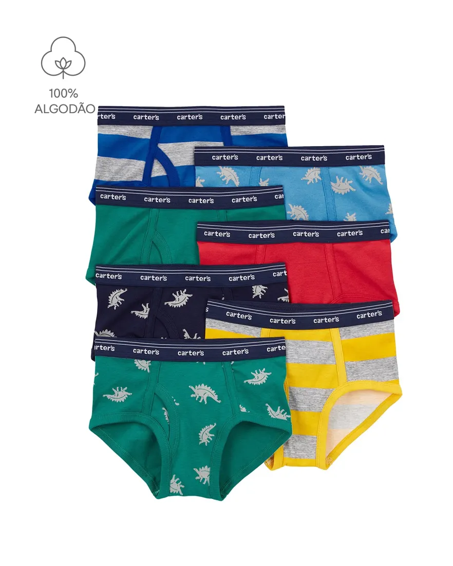 Kit cueca infantil 7 peças slip dinossauros multicor