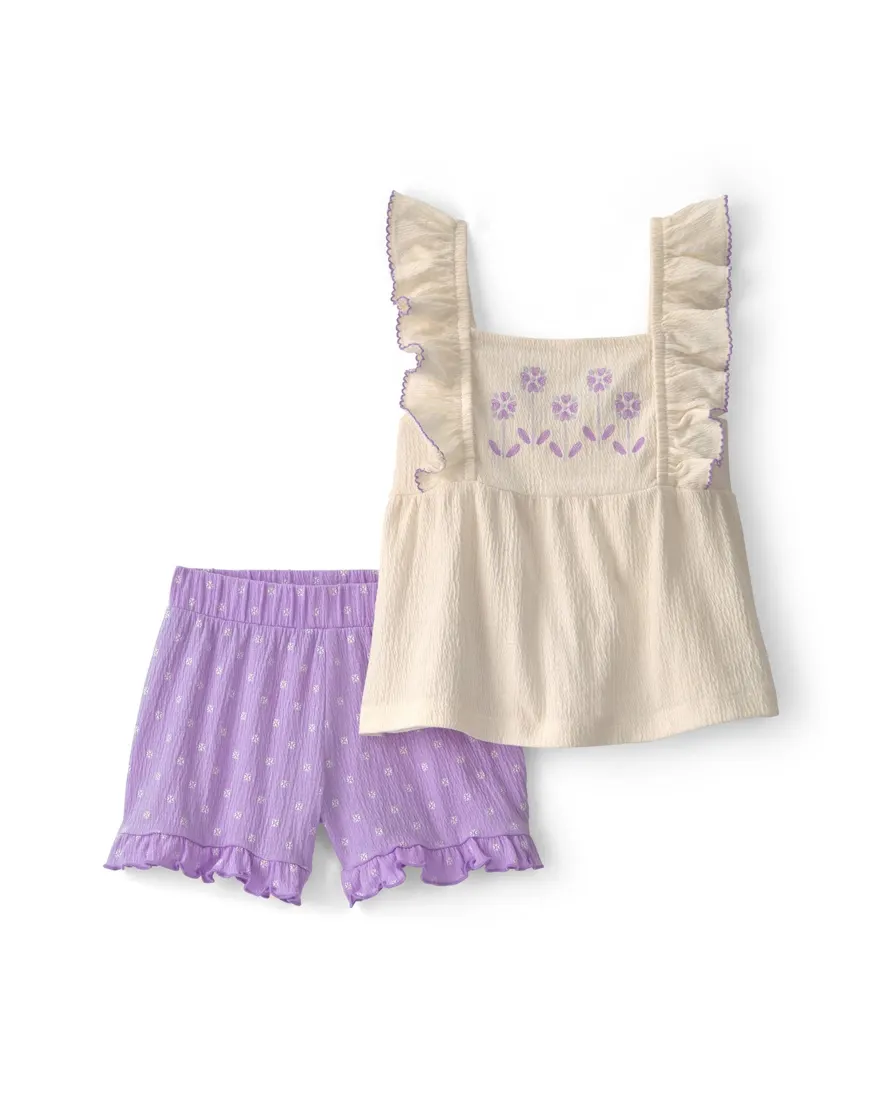 Conjunto curto infantil 2 peças texturizado e estampado - Multicor